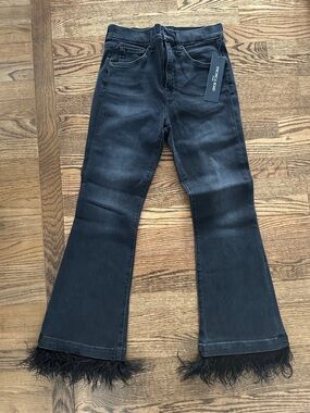 Vince Camuto Black Flare Jeans with Feather Trim